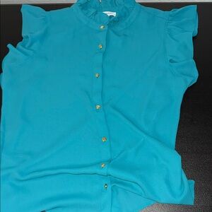 Calvin Klein Teal Ruffled Cap-Sleeve Blouse with Gold Buttons